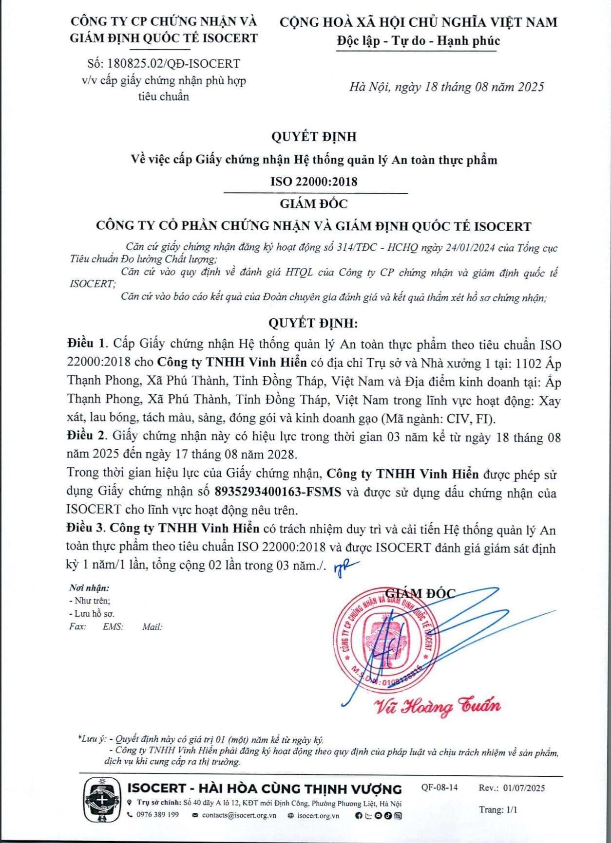 Chứng nhận ISO 22000:2018