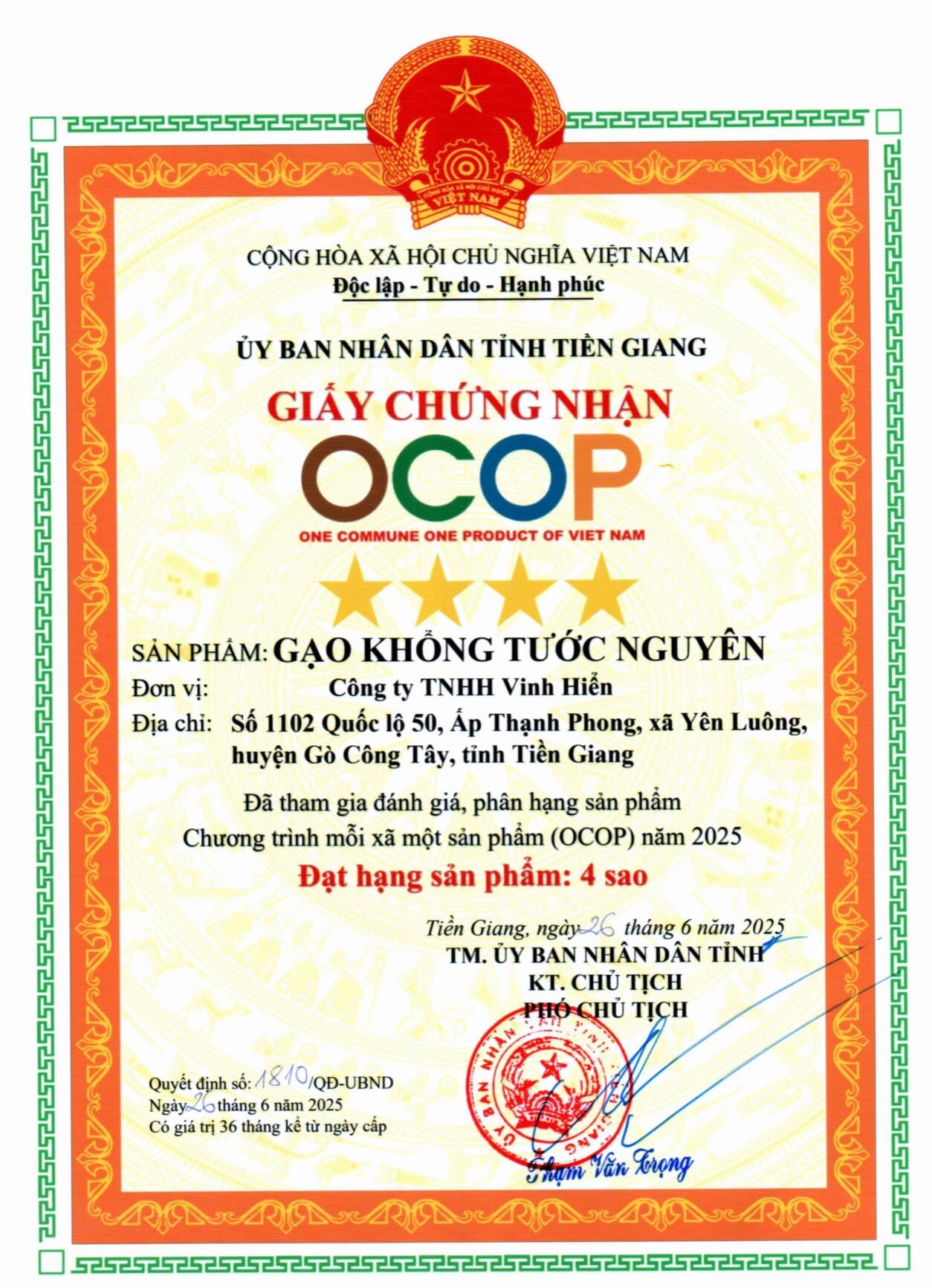 OCOP 4 sao — Gạo Khổng Tước Nguyên